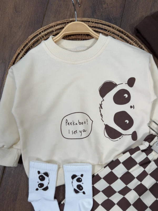 Panda Kareli Pantolon Çoraplı Bereli Mevsimlik 4lü Erkek Bebek/Çocuk Takım - KAHVE