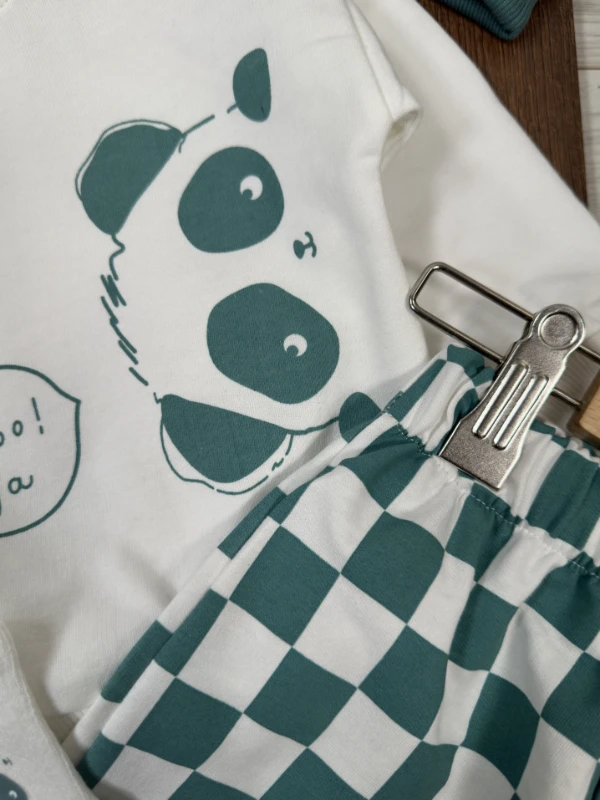 Panda Kareli Pantolon Çoraplı Bereli Mevsimlik 4lü Erkek Bebek/Çocuk Takım - YEŞİL