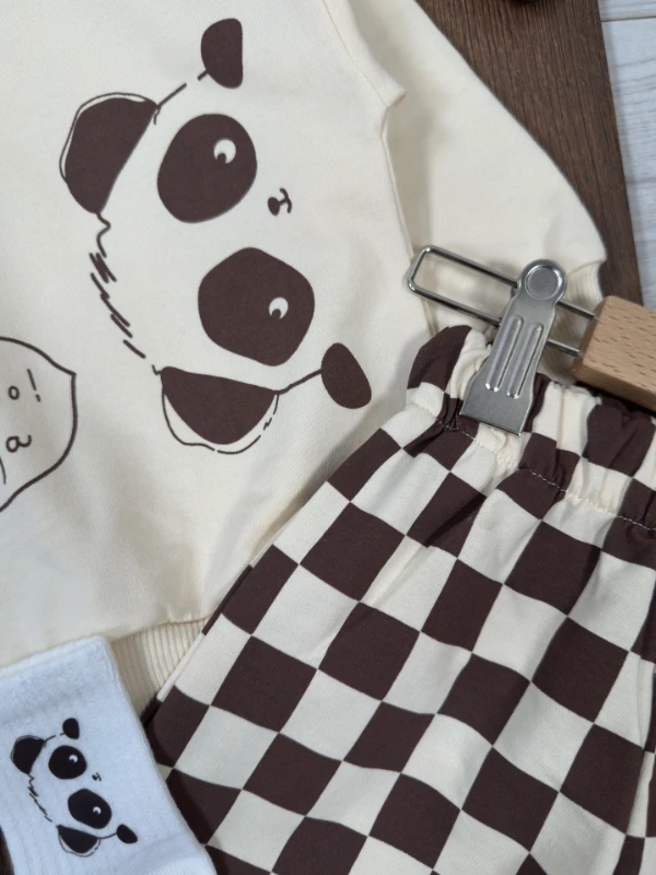 Panda Kareli Pantolon Çoraplı Bereli Mevsimlik 4lü Erkek Bebek/Çocuk Takım - KAHVE