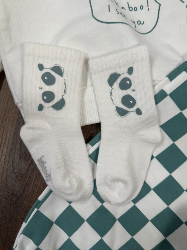 Panda Kareli Pantolon Çoraplı Bereli Mevsimlik 4lü Erkek Bebek/Çocuk Takım - YEŞİL