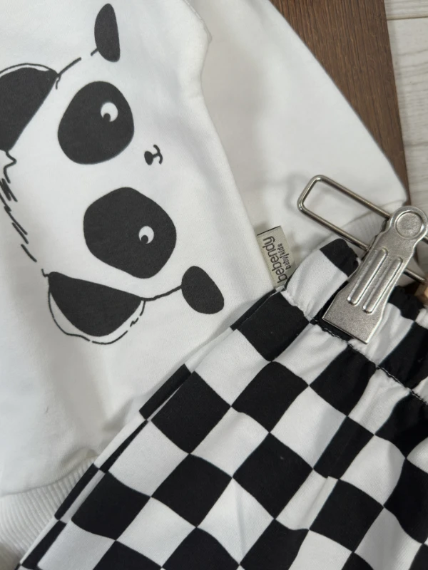 Panda Kareli Pantolon Çoraplı Bereli Mevsimlik 4lü Erkek Bebek/Çocuk Takım - SİYAH