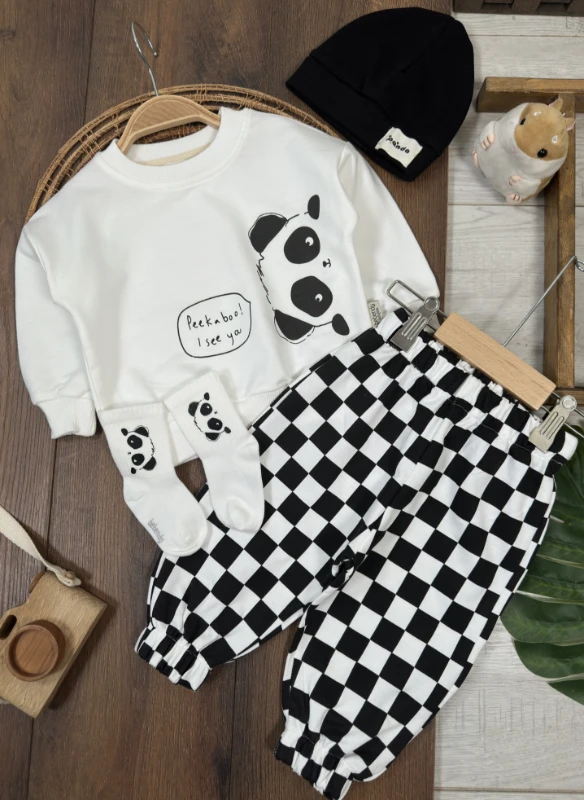 Panda Kareli Pantolon Çoraplı Bereli Mevsimlik 4lü Erkek Bebek/Çocuk Takım - SİYAH