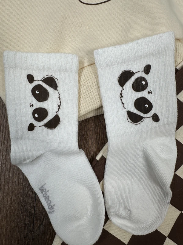 Panda Kareli Pantolon Çoraplı Bereli Mevsimlik 4lü Erkek Bebek/Çocuk Takım - KAHVE