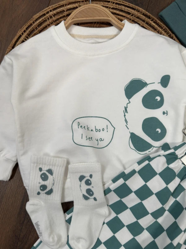 Panda Kareli Pantolon Çoraplı Bereli Mevsimlik 4lü Erkek Bebek/Çocuk Takım - YEŞİL