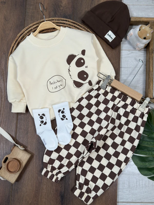 Panda Kareli Pantolon Çoraplı Bereli Mevsimlik 4lü Erkek Bebek/Çocuk Takım - KAHVE