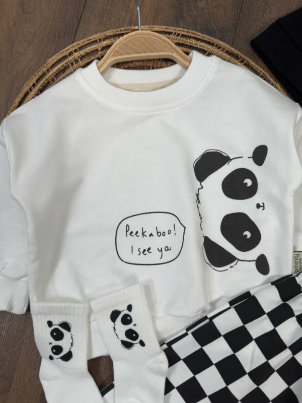 Panda Kareli Pantolon Çoraplı Bereli Mevsimlik 4lü Erkek Bebek/Çocuk Takım - SİYAH