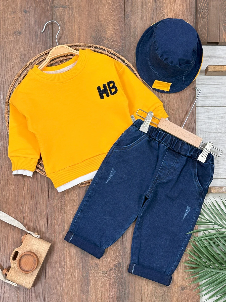 Likralı Kot Pantolon Safari Şapka NakışlıSweatshirt 3lü Erkek Bebek/Çocuk Takım - SARI