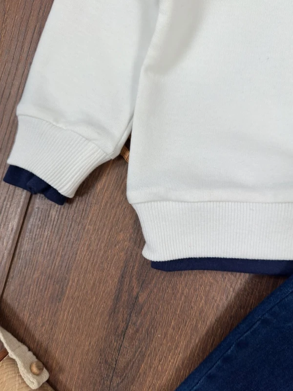 Likralı Kot Pantolon Çift Taraflı Şapka NakışlıSweatshirt 3lü Erkek Bebek/Çocuk Takım - BEYAZ