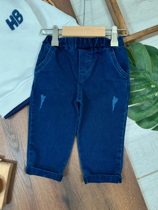 Likralı Kot Pantolon Çift Taraflı Şapka NakışlıSweatshirt 3lü Erkek Bebek/Çocuk Takım - BEYAZ