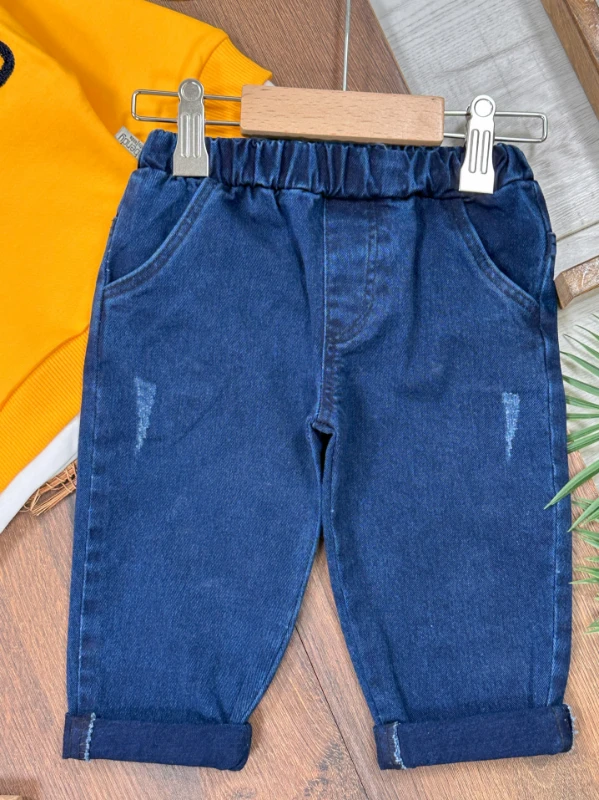 Likralı Kot Pantolon Safari Şapka NakışlıSweatshirt 3lü Erkek Bebek/Çocuk Takım - SARI