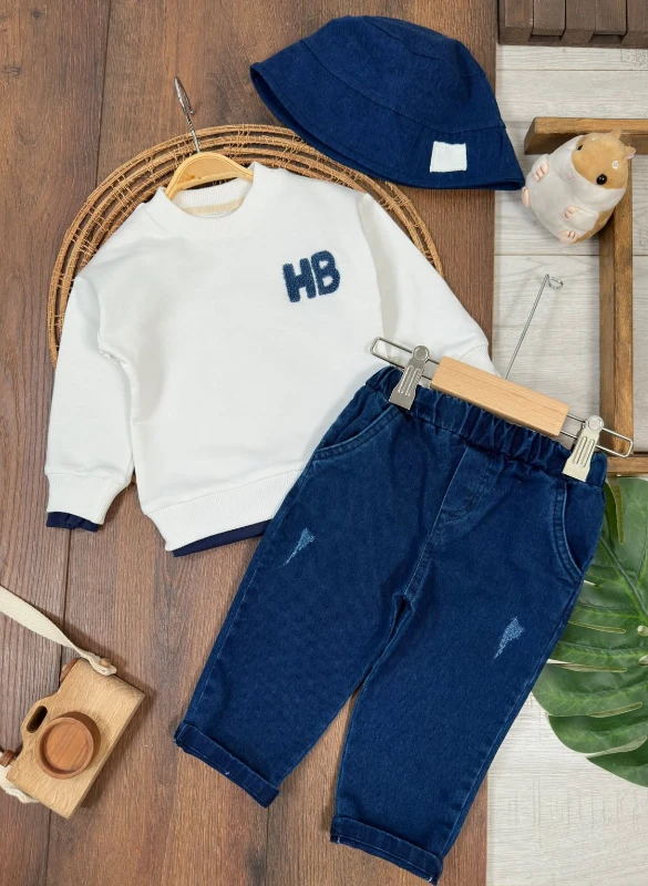 Likralı Kot Pantolon Safari Şapka NakışlıSweatshirt 3lü Erkek Bebek/Çocuk Takım - BEYAZ