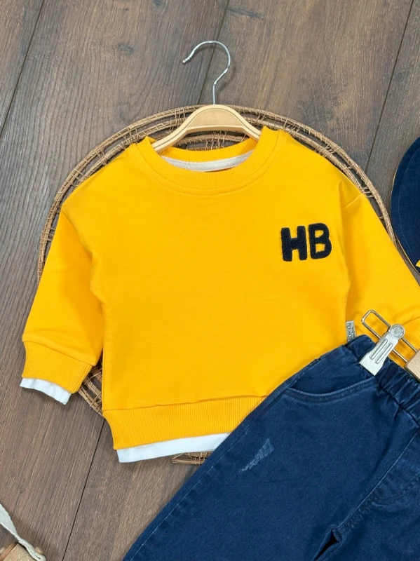 Likralı Kot Pantolon Safari Şapka NakışlıSweatshirt 3lü Erkek Bebek/Çocuk Takım - SARI