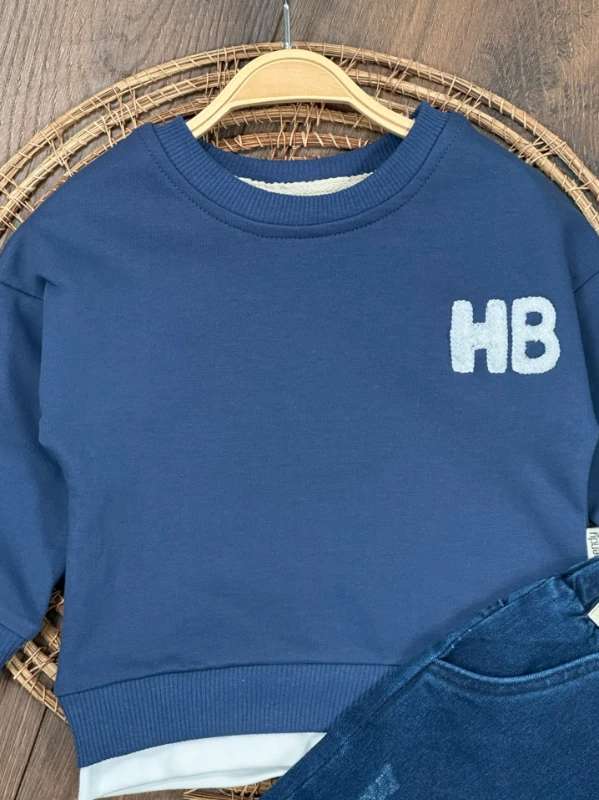 Likralı Kot Pantolon Safari Şapka NakışlıSweatshirt 3lü Erkek Bebek/Çocuk Takım - LACİVERT