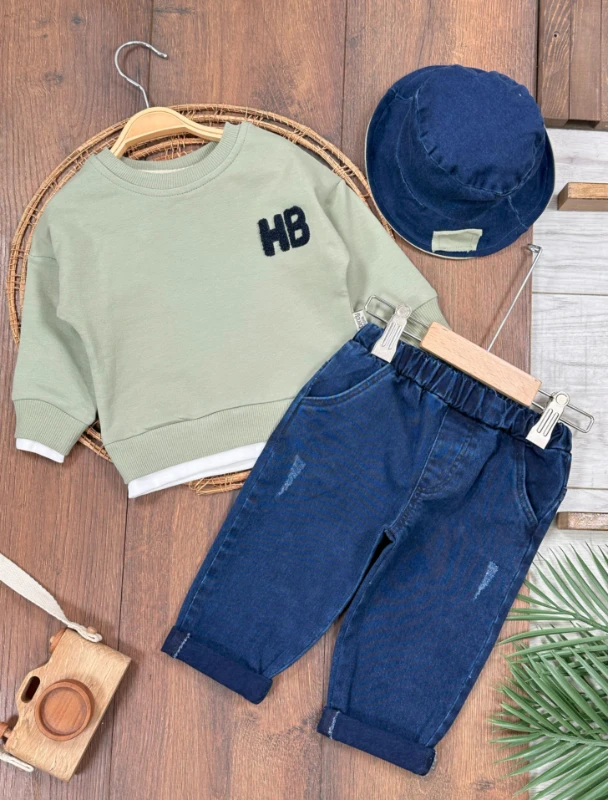 Likralı Kot Pantolon Safari Şapka NakışlıSweatshirt 3lü Erkek Bebek/Çocuk Takım - YEŞİL
