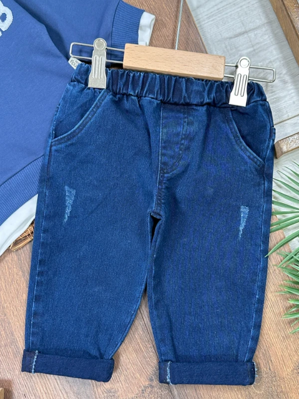 Likralı Kot Pantolon Safari Şapka NakışlıSweatshirt 3lü Erkek Bebek/Çocuk Takım - LACİVERT