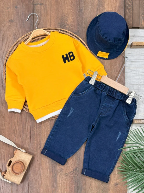 Likralı Kot Pantolon Safari Şapka NakışlıSweatshirt 3lü Erkek Bebek/Çocuk Takım - SARI