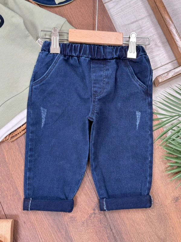 Likralı Kot Pantolon Safari Şapka NakışlıSweatshirt 3lü Erkek Bebek/Çocuk Takım - YEŞİL