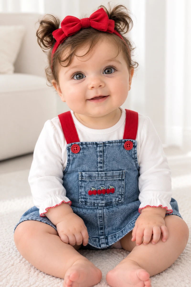 Çilek Papatya Nakışlı Bandanalı Badili Kız Bebek Lastik Askılı Likralı Kot Elbise 3lü Kız Bebek/Çocuk Takım - MAVİ