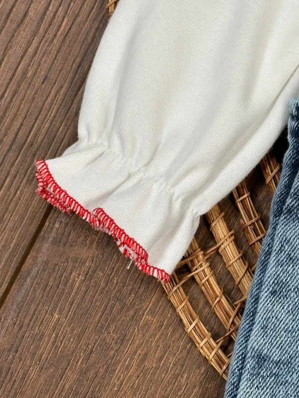 Çilek Papatya Nakışlı Bandanalı Badili Kız Bebek Lastik Askılı Likralı Kot Elbise 3lü Kız Bebek/Çocuk Takım - MAVİ