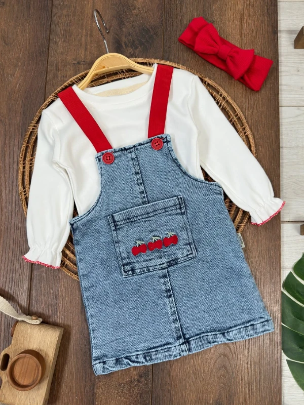Çilek Papatya Nakışlı Bandanalı Badili Kız Bebek Lastik Askılı Likralı Kot Elbise 3lü Kız Bebek/Çocuk Takım - MAVİ