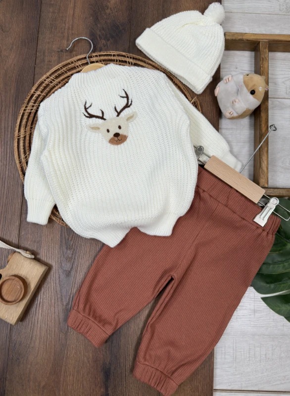 Triko Kazak Çam ve Geyik Nakışlı Kaşkorse Pantolon Triko Bere Oversize 3lü Unisex Bebek/Çocuk Takım - KAHVE