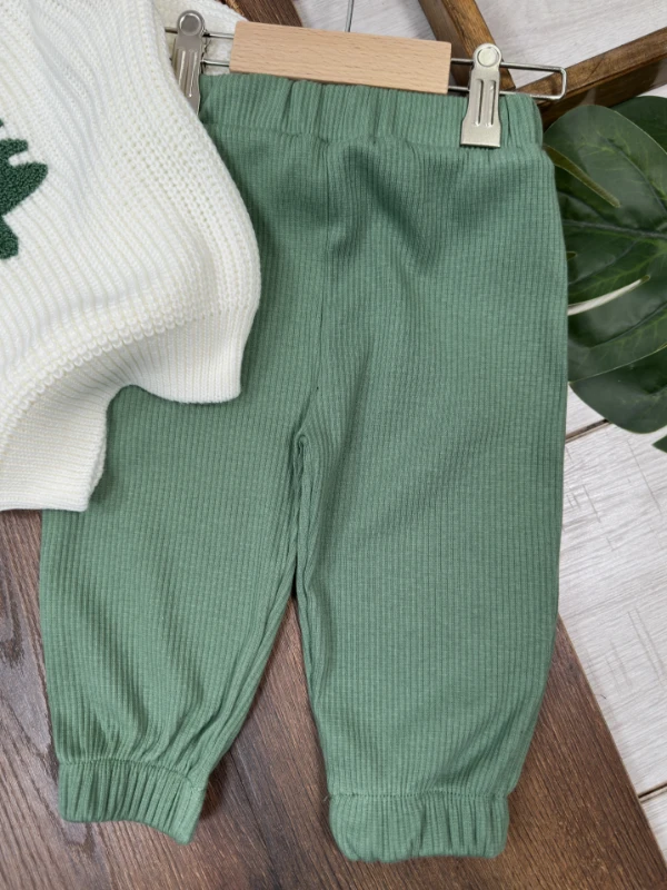 Triko Kazak Çam ve Geyik Nakışlı Kaşkorse Pantolon Triko Bere Oversize 3lü Unisex Bebek/Çocuk Takım - YEŞİL