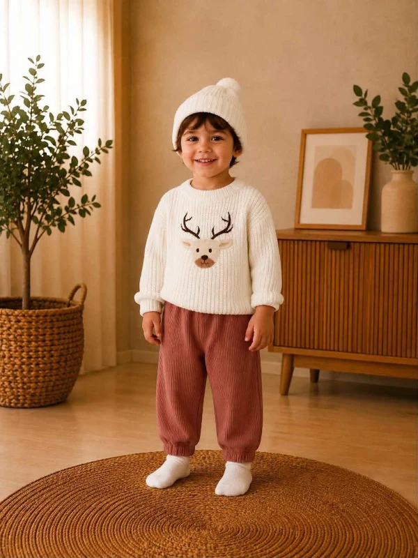 Triko Kazak Çam ve Geyik Nakışlı Kaşkorse Pantolon Triko Bere Oversize 3lü Unisex Bebek/Çocuk Takım - KAHVE
