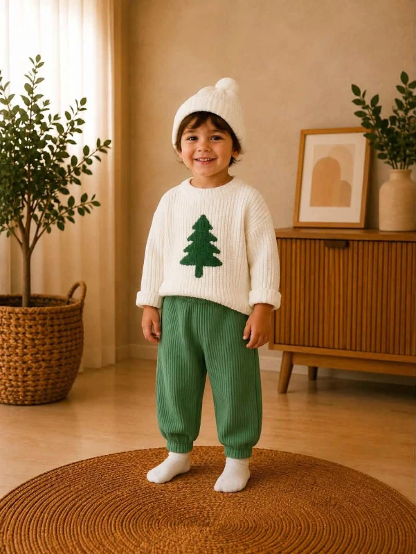 Triko Kazak Çam ve Geyik Nakışlı Kaşkorse Pantolon Triko Bere Oversize 3lü Unisex Bebek/Çocuk Takım - YEŞİL