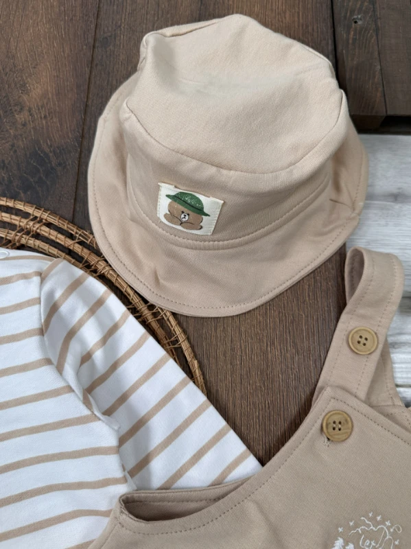 Safari Şapkalı Nakışlı Şeritli Sweatshirt Salopet Erkek Bebek Takım - KAHVE KÖPÜĞÜ