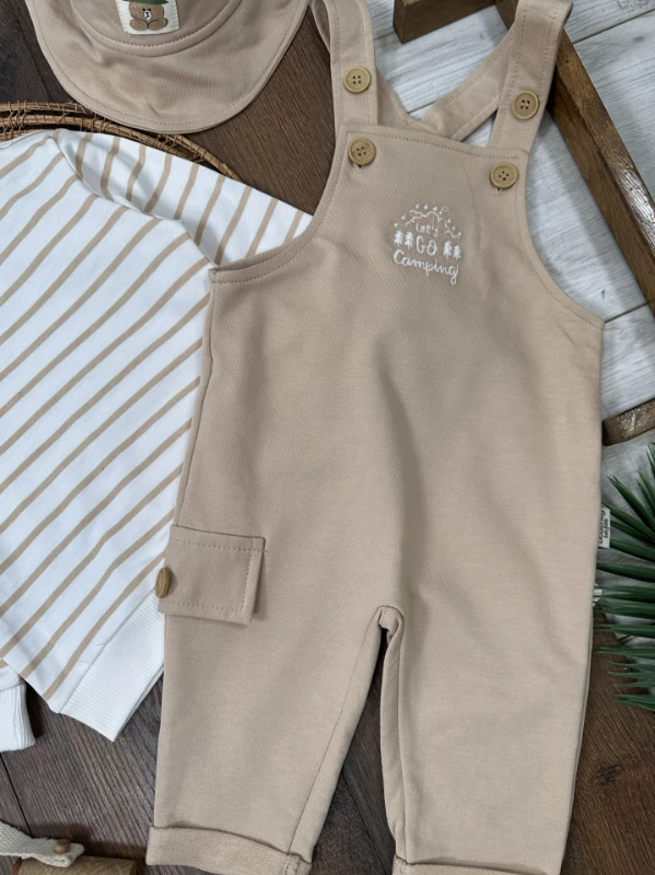 Safari Şapkalı Nakışlı Şeritli Sweatshirt Salopet Erkek Bebek Takım - KAHVE KÖPÜĞÜ