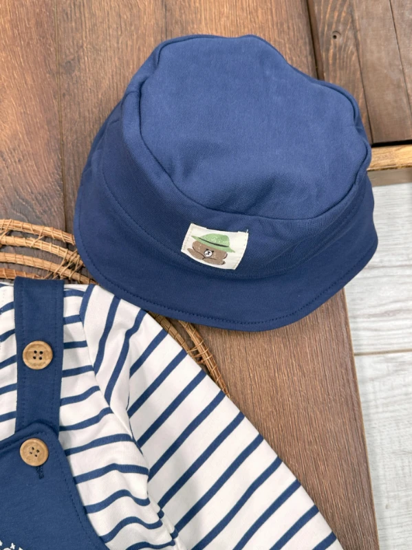 Safari Şapkalı Nakışlı Şeritli Sweatshirt Salopet Erkek Bebek Takım - LACİVERT