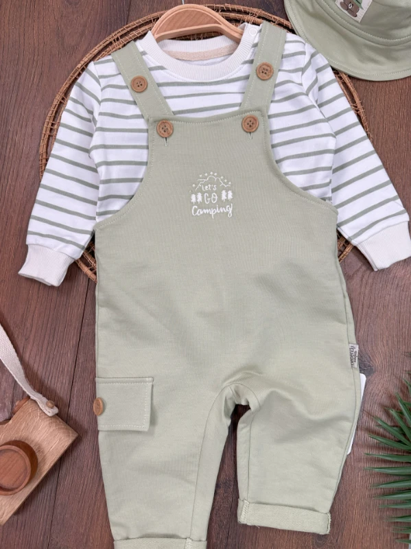 Safari Şapkalı Nakışlı Şeritli Sweatshirt Salopet Erkek Bebek Takım - YEŞİL